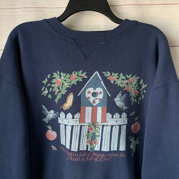 Vintage Timber Creek Sweatshirt Birdhouse Picket Fence Birds Apples 90s Size XL - Picture 2 of 16